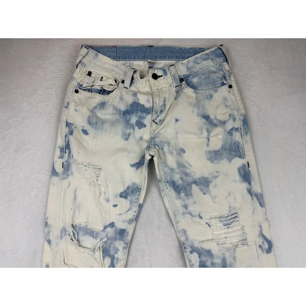 True Religion Mens 34x34 Jeans Skinny Distressed Cloudy Sky Blue Acid Wash Denim